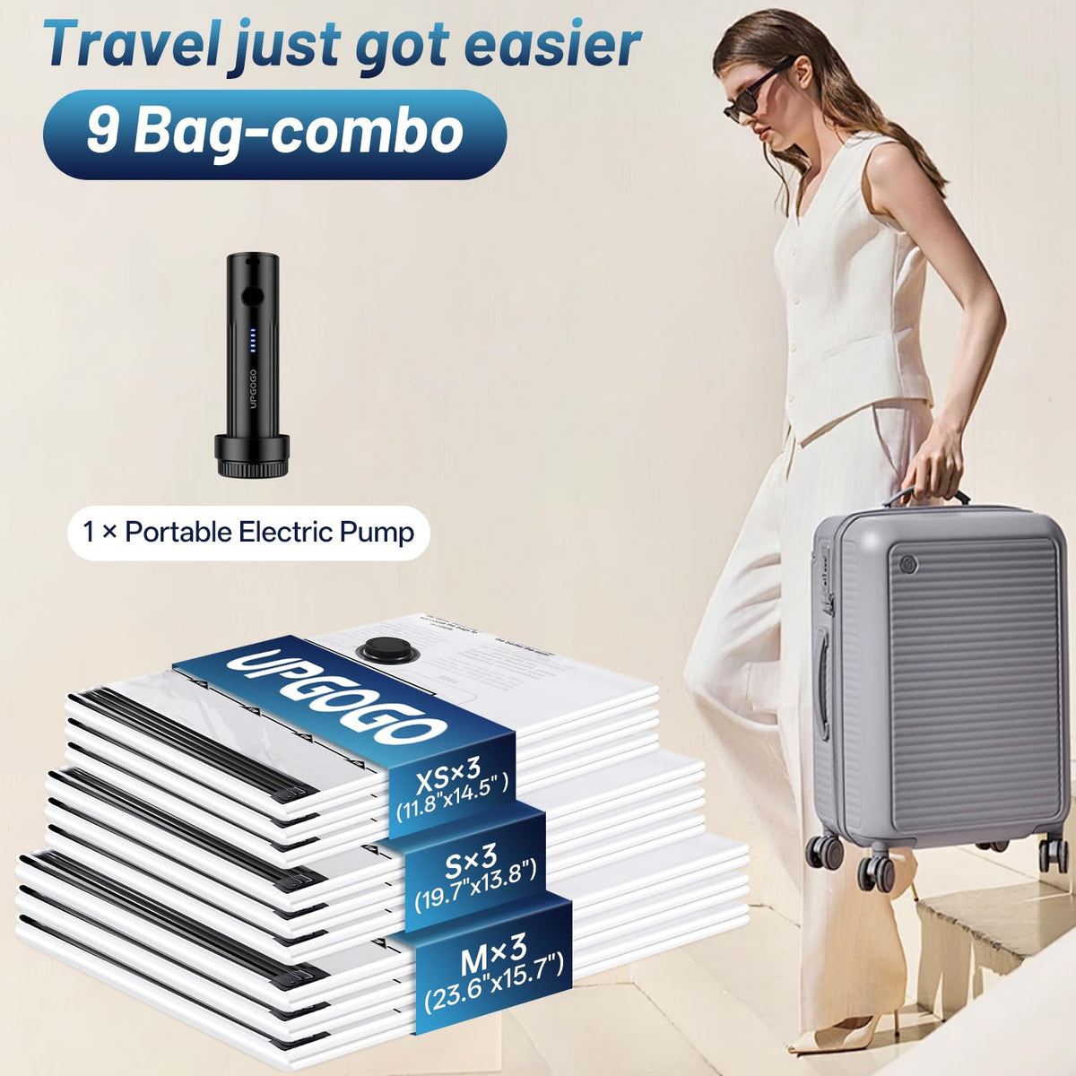 UPGOGO portable electric pump shown cordless for quick garment compression on the go.