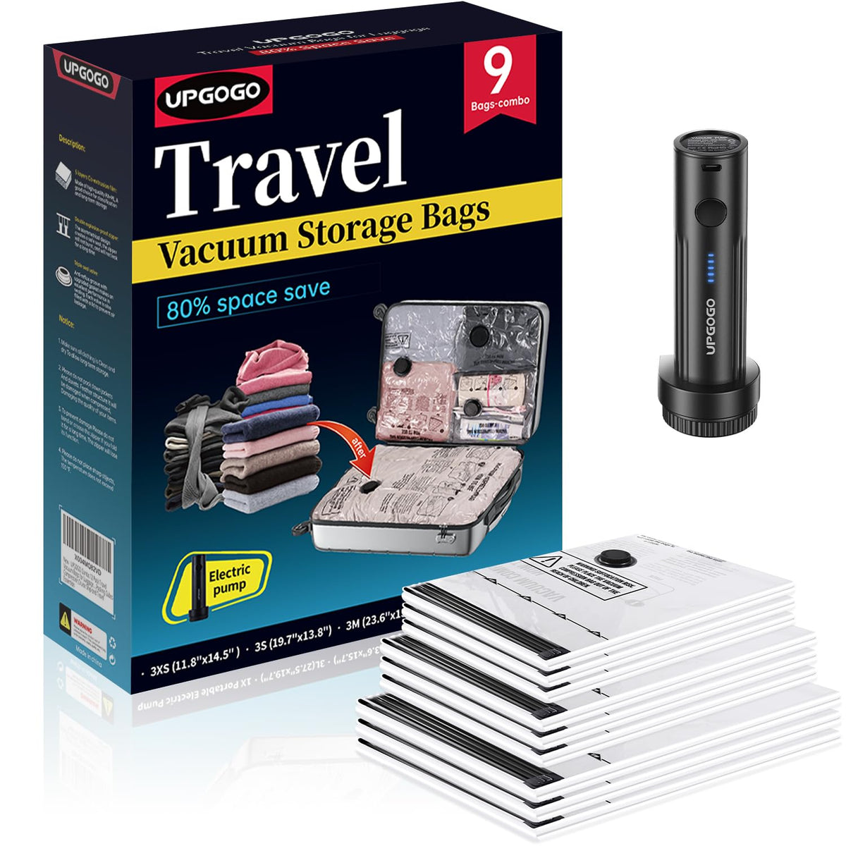 UPGOGO travel vacuum bags pack nine in a suitcase for space-saving organization.