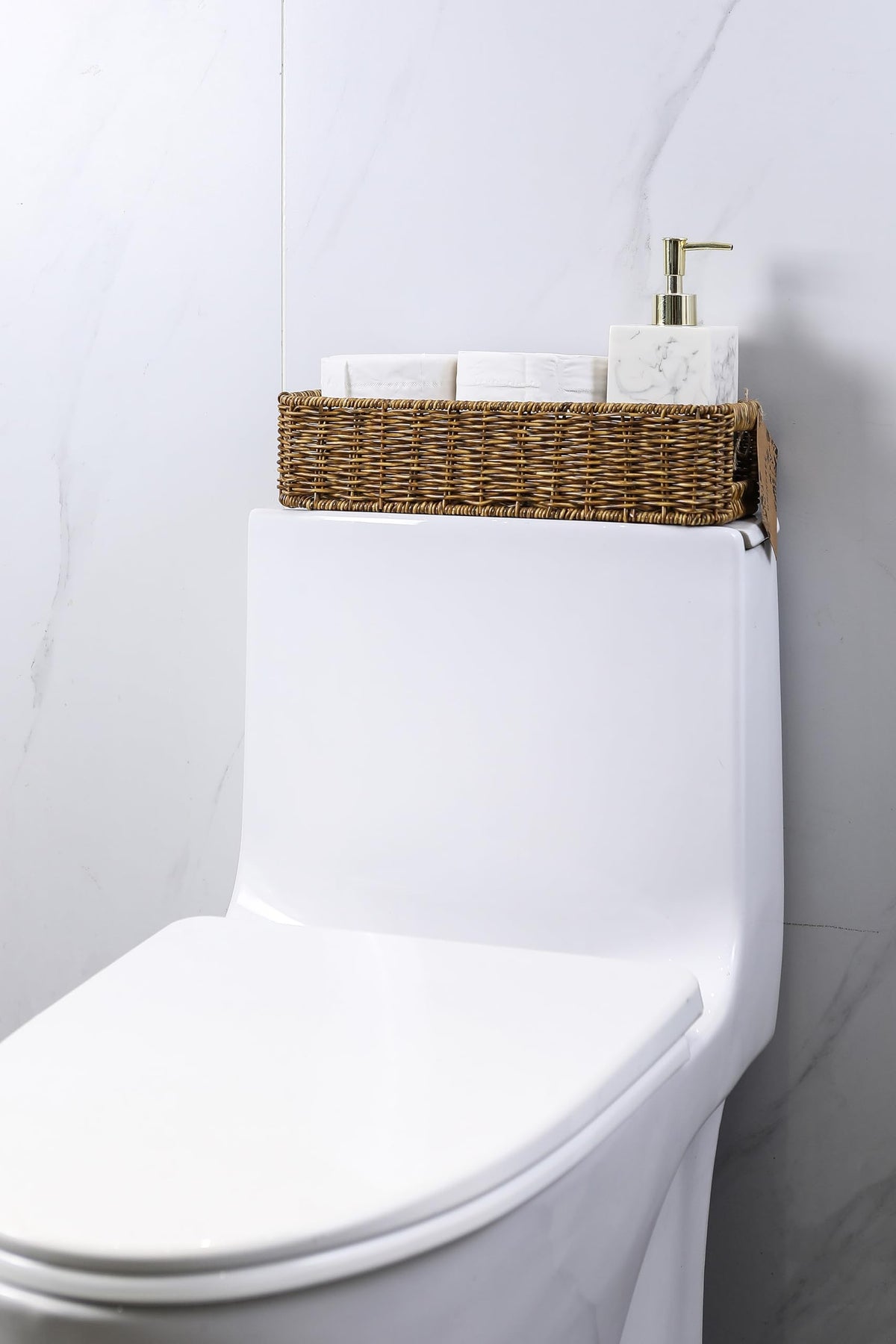 UPINFREE rectangular basket on countertop maximizes surface organization.