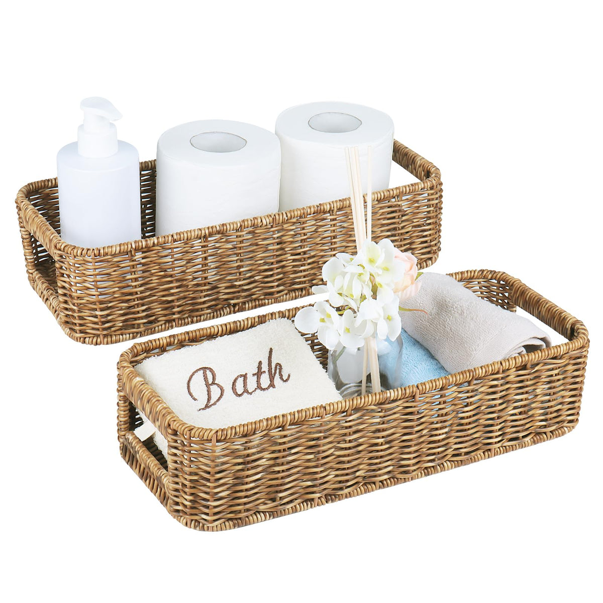 UPINFREE small wicker basket on toilet tank topper, ideal for bathroom storage.