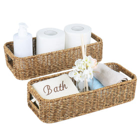 UPINFREE small wicker basket on toilet tank topper, ideal for bathroom storage.