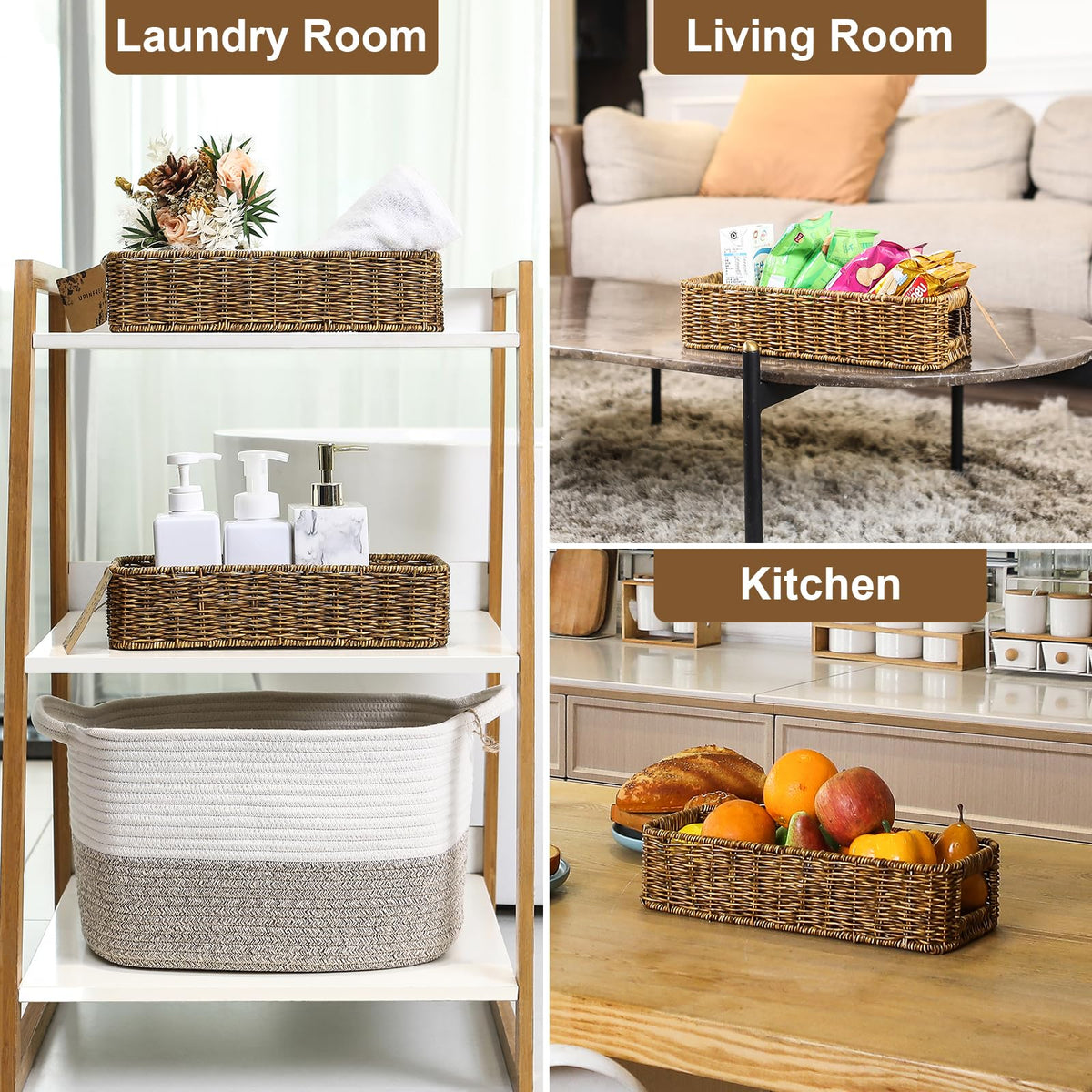 UPINFREE tan storage basket versatile for towels, cosmetics, remotes.