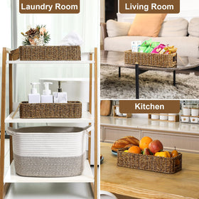 UPINFREE tan storage basket versatile for towels, cosmetics, remotes.