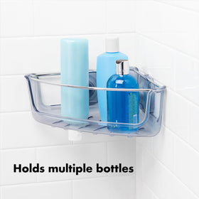 OXO basket holes store shampoo and conditioner upside down for easy dispensing.