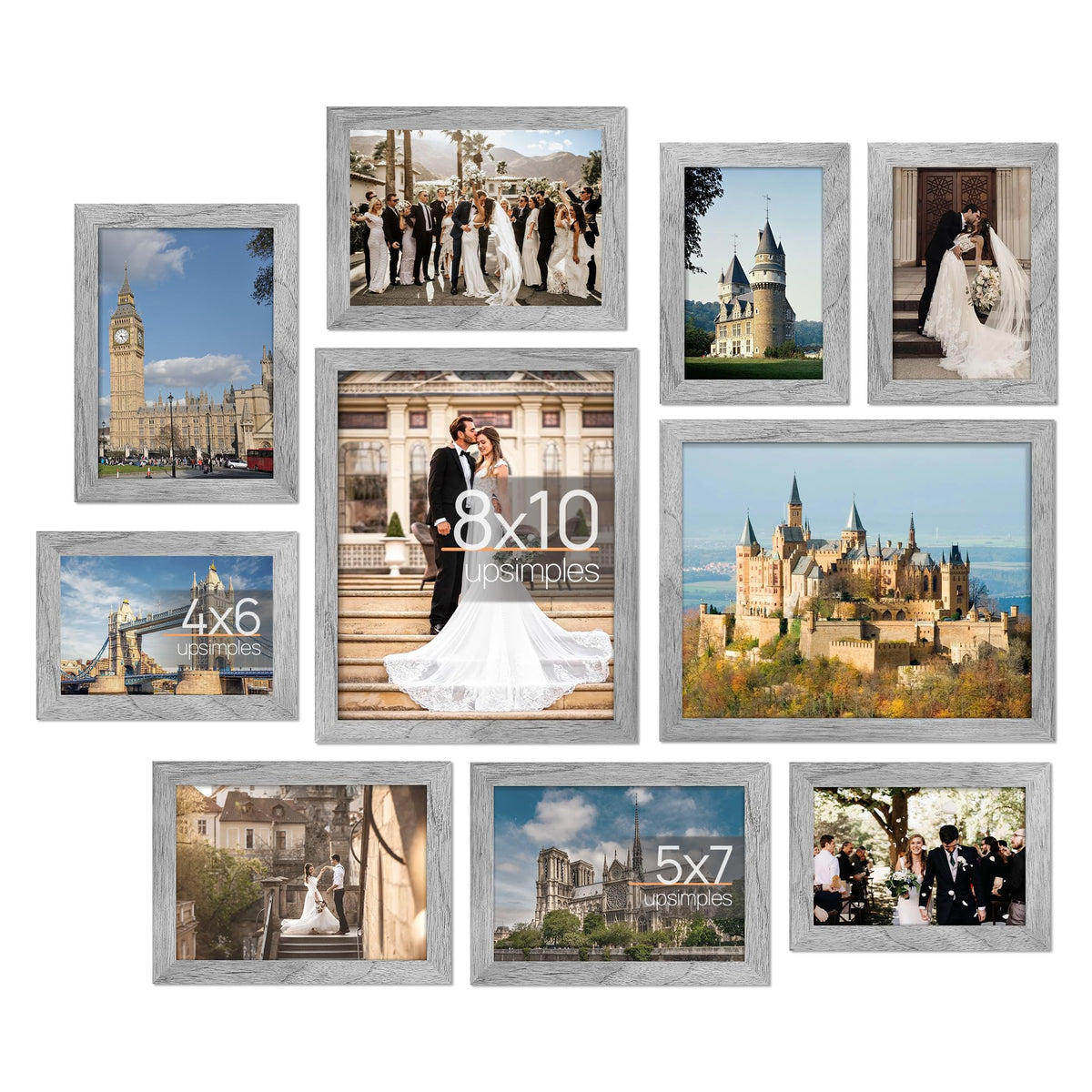 upsimples 10-pack collage frames for wall and tabletop display.