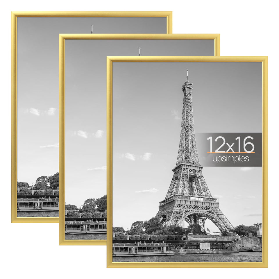 Upsimples 12x16 gold frame, front view, scratch-resistant protection for posters