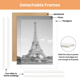 upsimples 16x20 white frame, assembly illustration, effortless slide-in strips for quick poster changes.