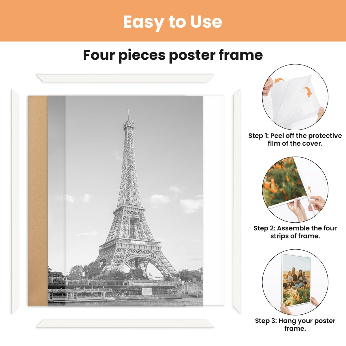 upsimples 16x20 white frame, scratch-proof cover close-up, preserves posters with a clear protective layer.