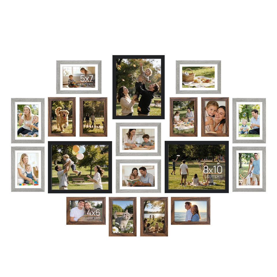 Upsimples 19-pack picture frames wall decor for quick family gallery displays.