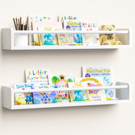 Upsimples 2-pack nursery book shelves in white finish securely store books and brighten nursery décor.