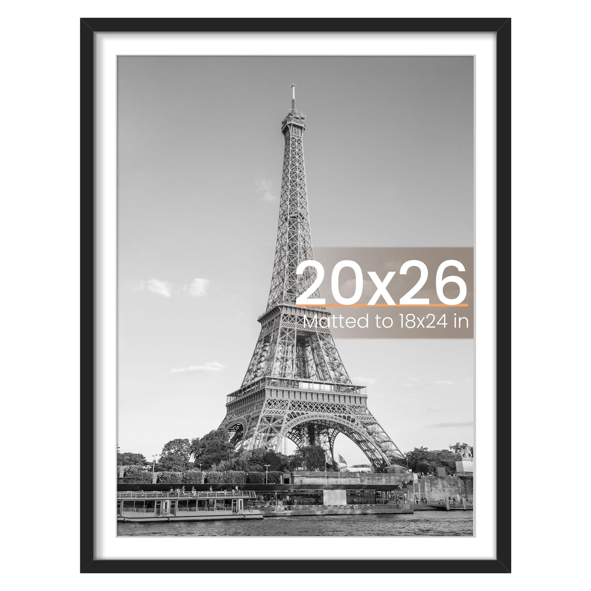 Upsimples 20x26 picture frame front view in black with clear display.