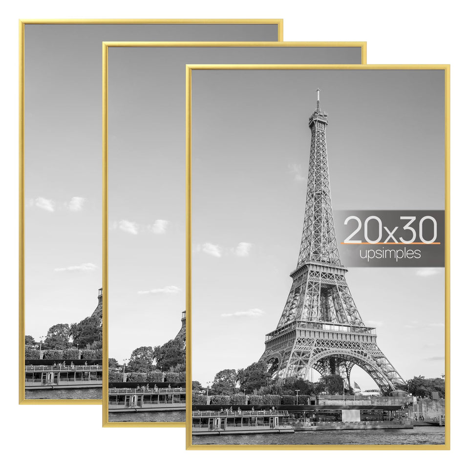 Upsimples 20x30 gold frame front view for wall display; durable, scratch-resistant protection.