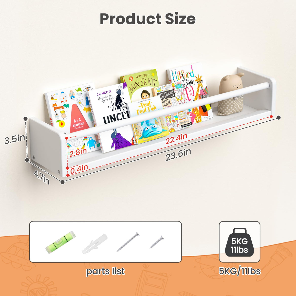 Upsimples 23.6-inch front-facing shelf keeps book covers visible for easy selection.