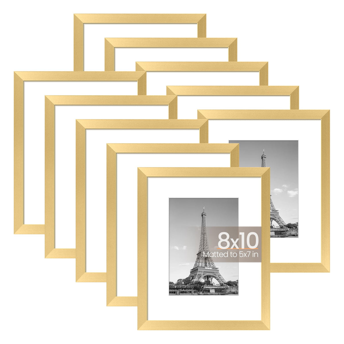 Upsimples 8x10 frame set with gold finish protects photos with clear acrylic for wall display.