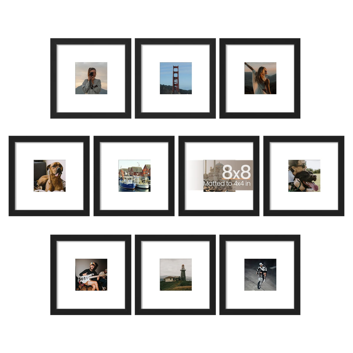 Upsimples 8x8 picture frame set mounted on wall for stylish family photo display.