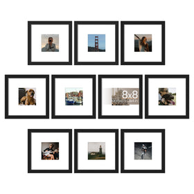Upsimples 8x8 picture frame set mounted on wall for stylish family photo display.
