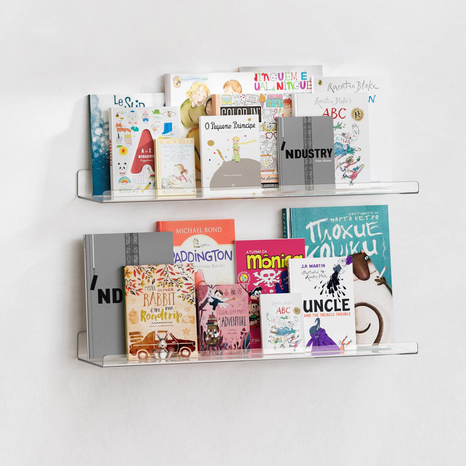 upsimples acrylic floating shelves on wall for neat, space-saving display