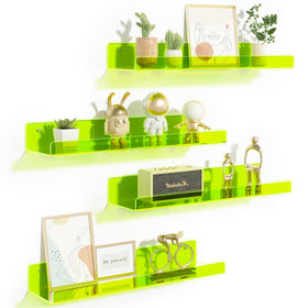 Upsimples acrylic shelves in clear fluorescent green on wall with front lip for safe display.
