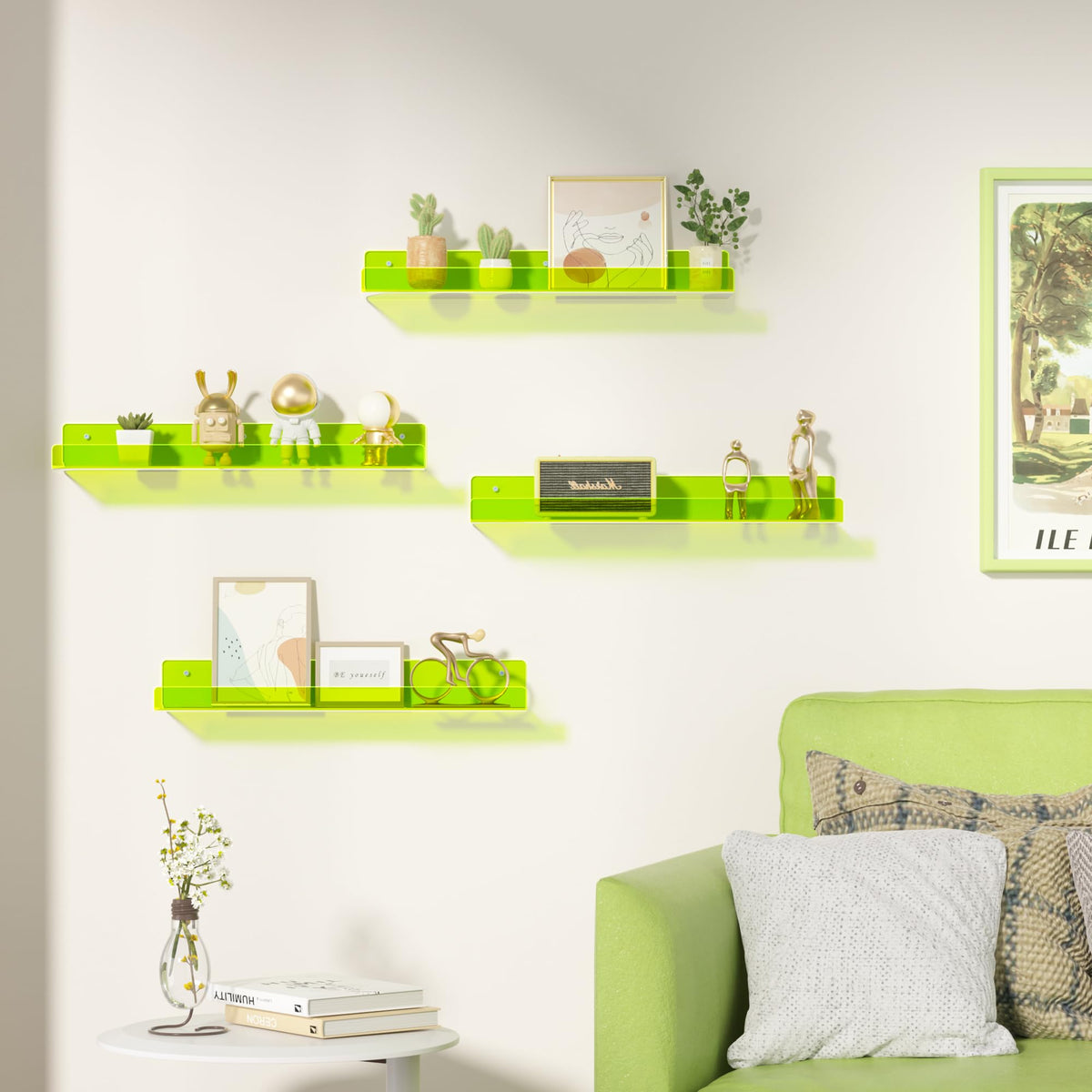 Upsimples acrylic shelves with front lip demonstrate secure display and item safety.