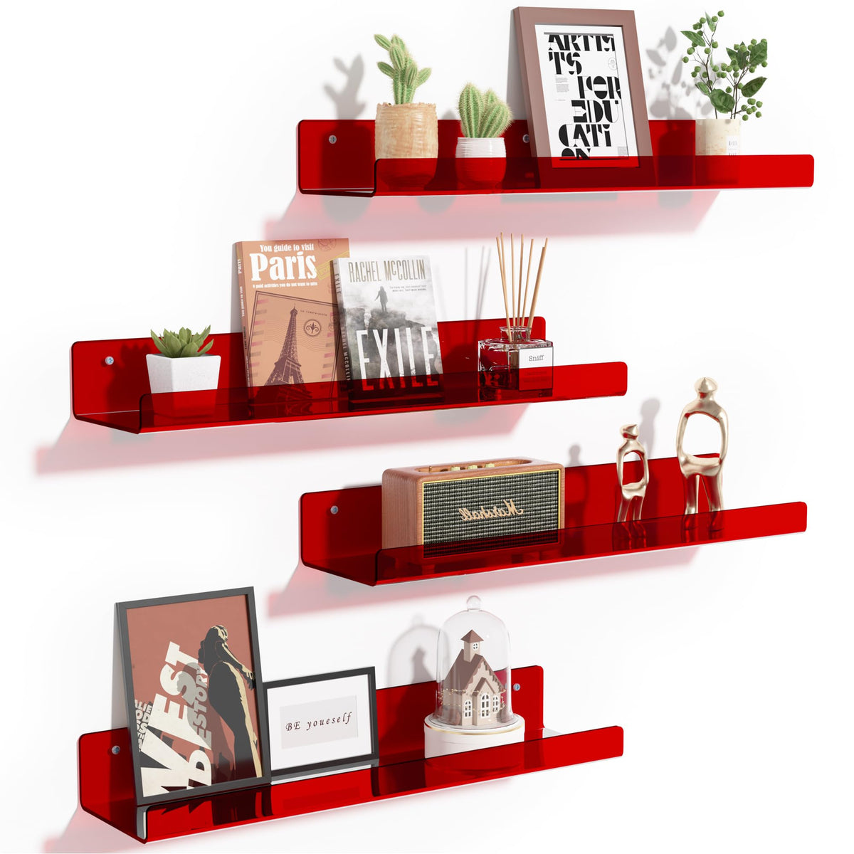 Upsimples acrylic wall shelves 4-pack, clear display for space-saving storage