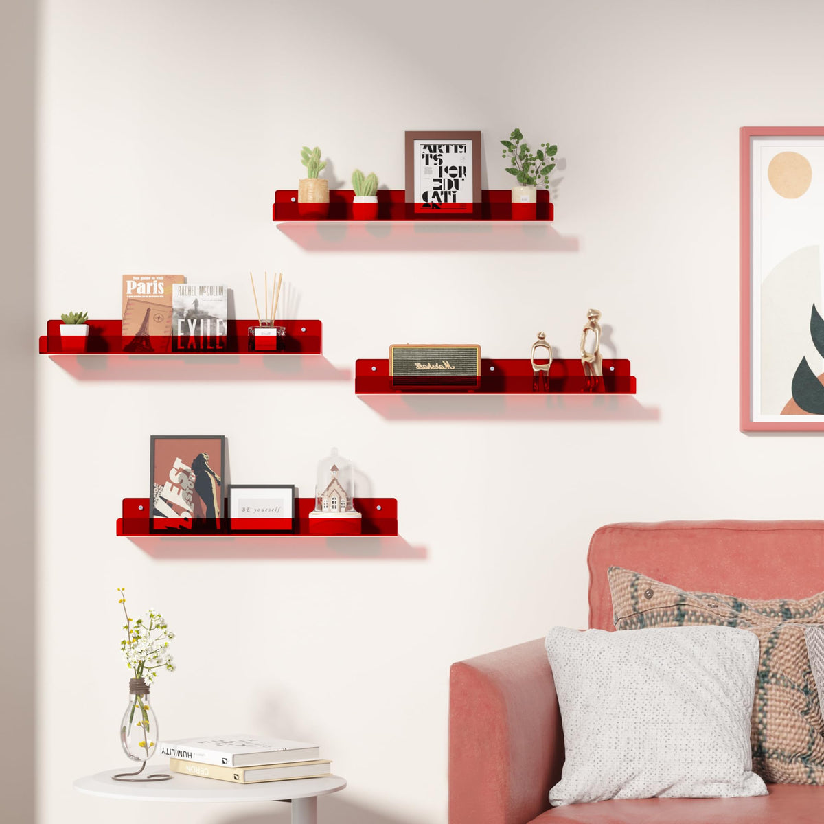 Upsimples floating acrylic shelves on wall for tidy bathroom or desk area