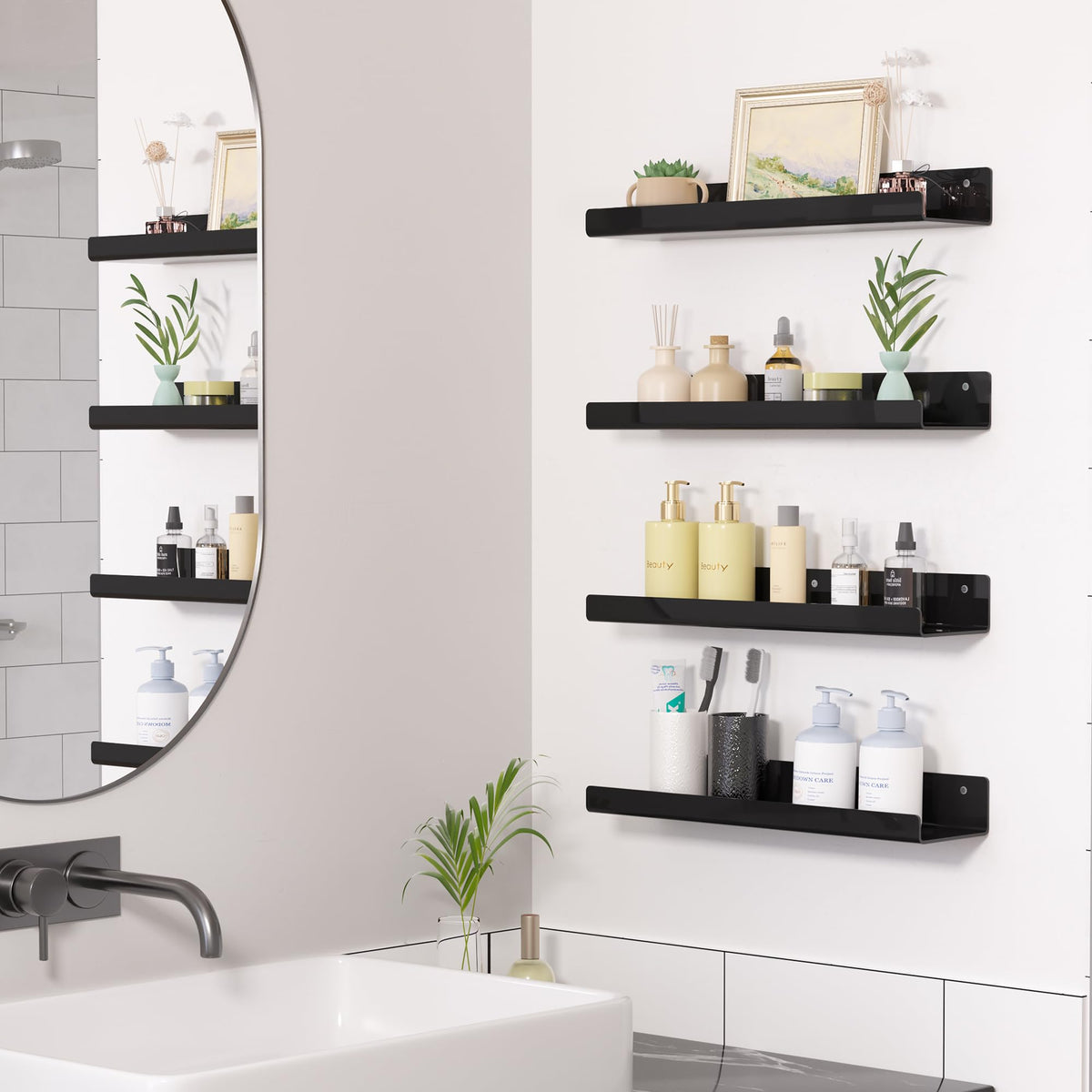 upsimples acrylic shelves installed in bathroom for organized toiletries.