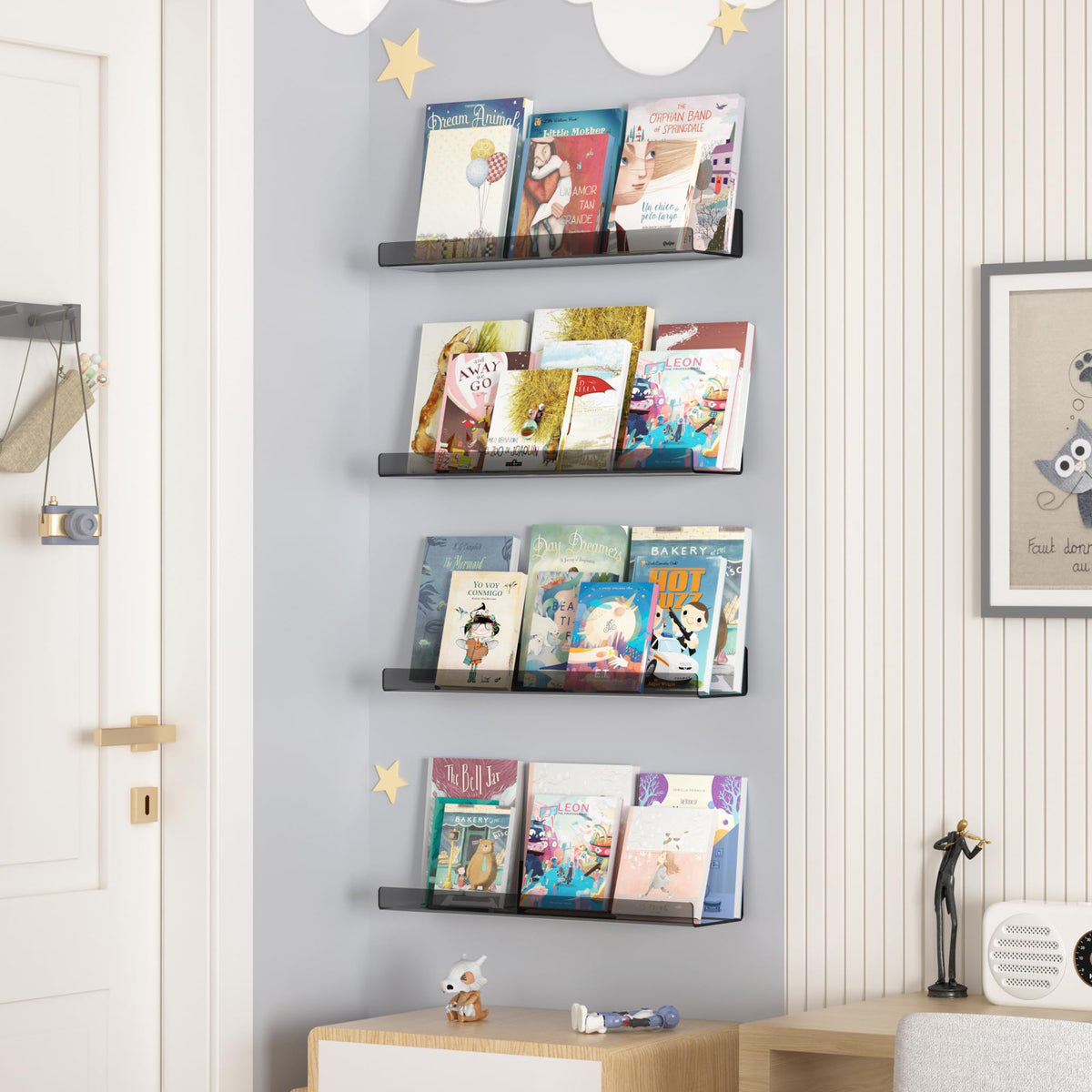 upsimples acrylic shelves room setup demonstrates versatile display for bathroom, bedroom and living room