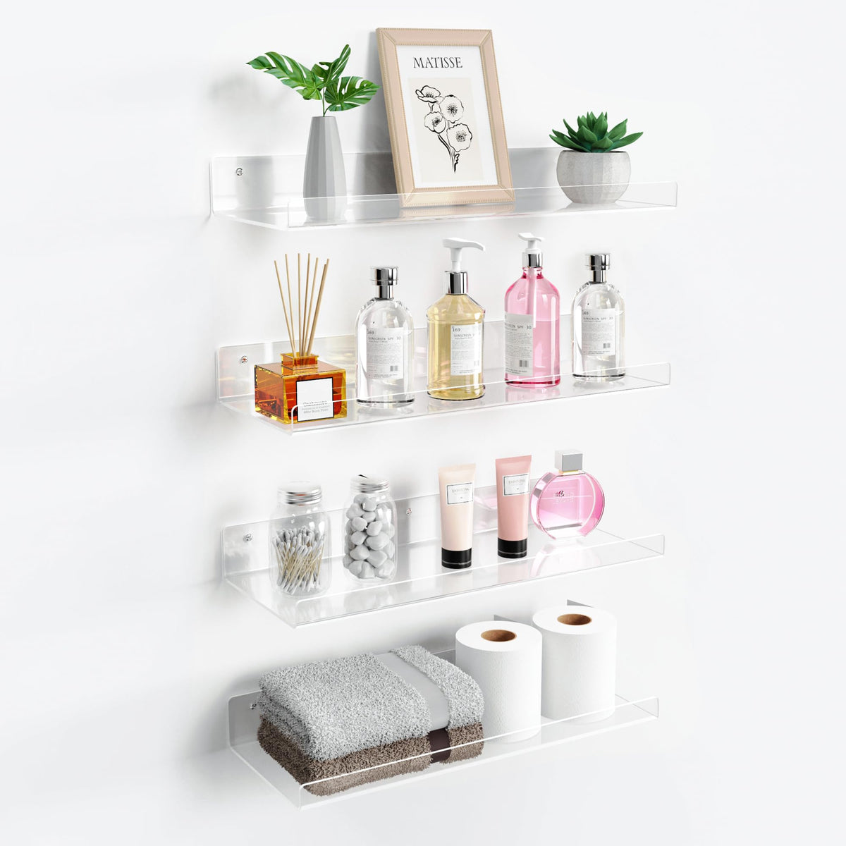 upsimples acrylic bathroom shelf over toilet, clear display for towels and tissue within reach.