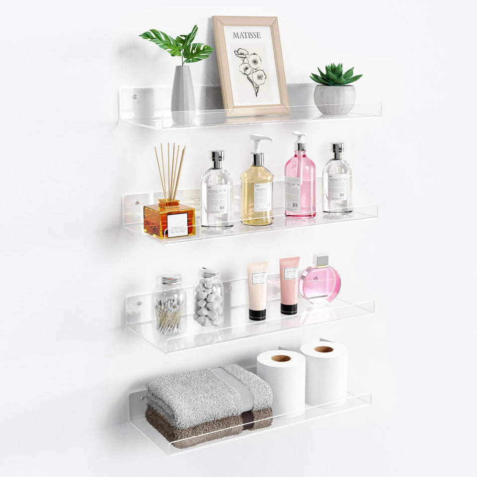upsimples acrylic bathroom shelf over toilet, clear display for towels and tissue within reach.