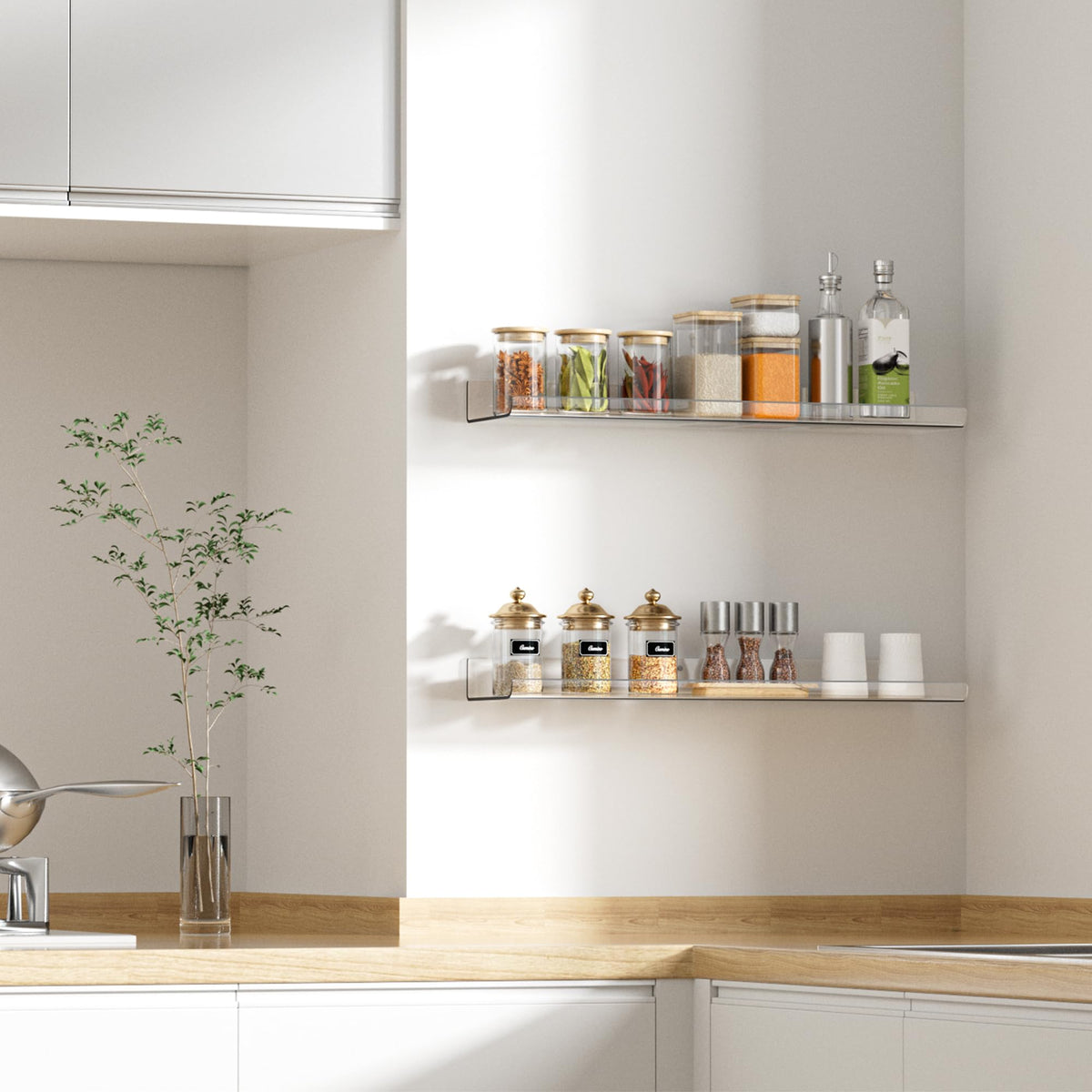 upsimples bedroom setup shows decor on transparent shelves