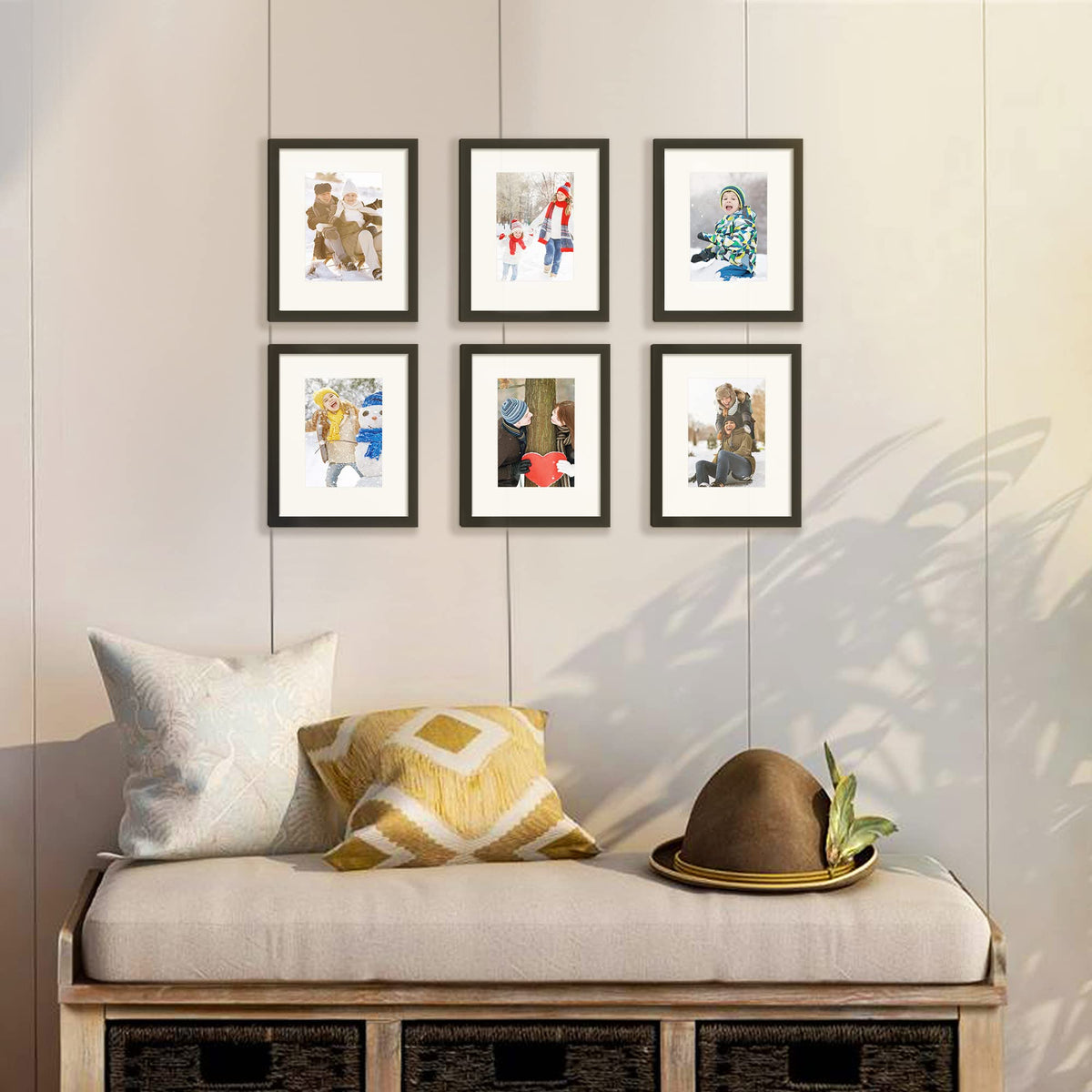 upsimples black frame wall display showing bold photo grid and versatile mounting