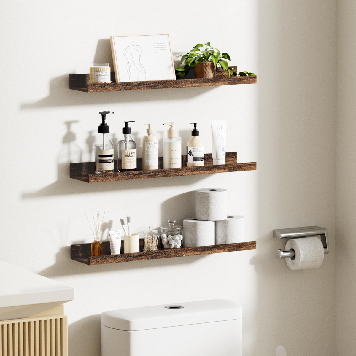 Upsimples brown wood shelves suit kitchen, bathroom, and bedroom storage and display.