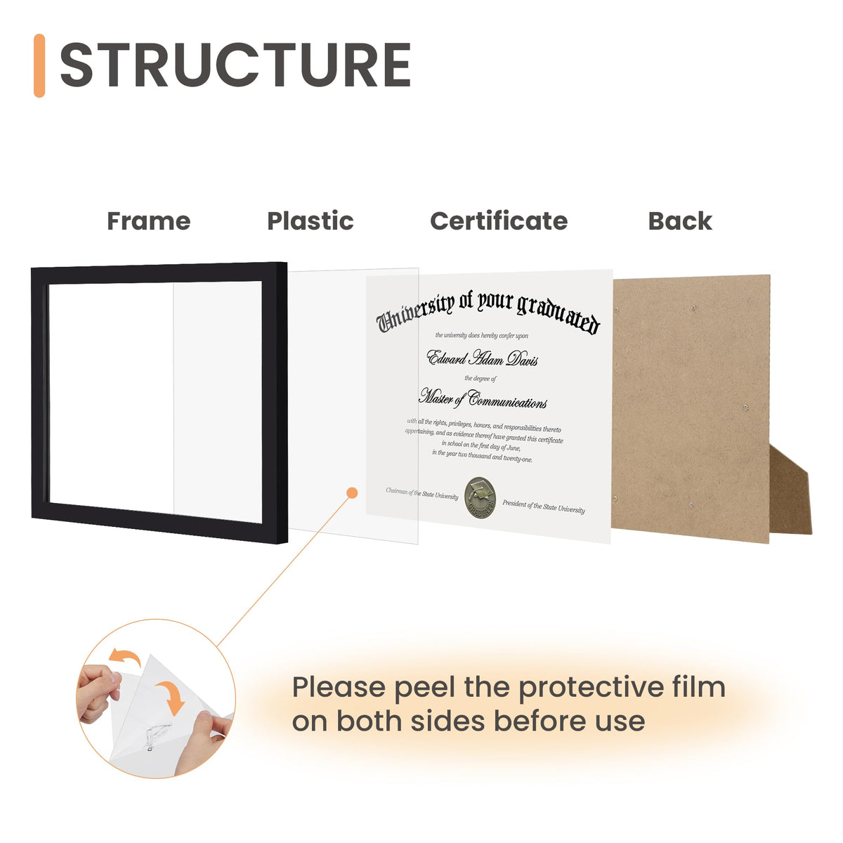 upsimples certificate frame mounted on wall or desk shows horizontal and vertical display options