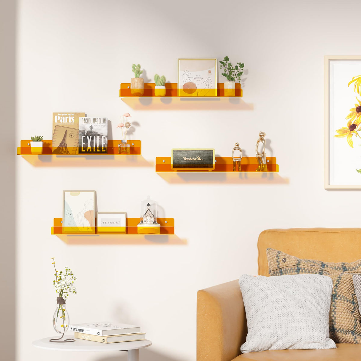 upsimples clear acrylic wall shelf with front lip keeps decor secure.