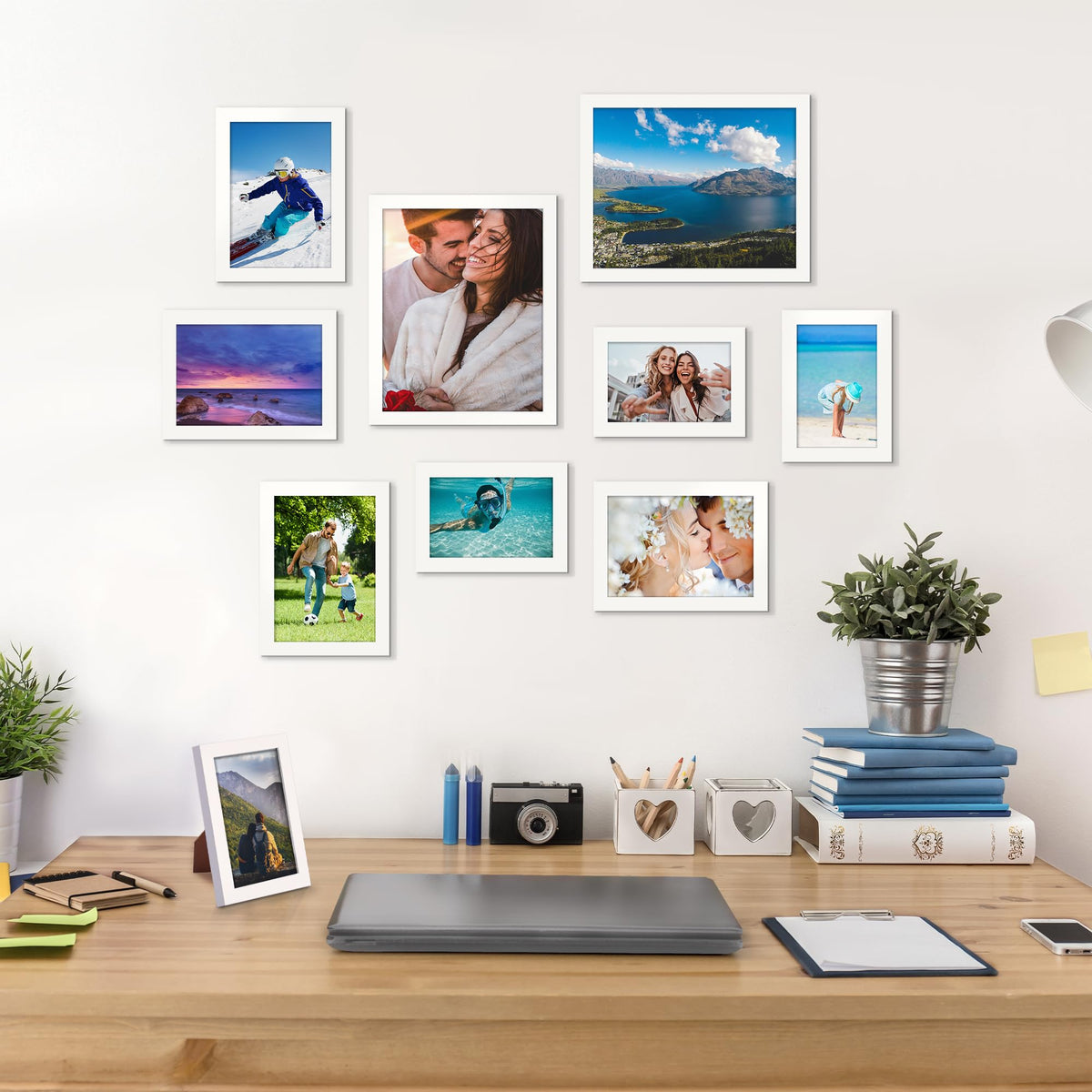Upsimples wooden frame with clear plastic cover for safe photo viewing.