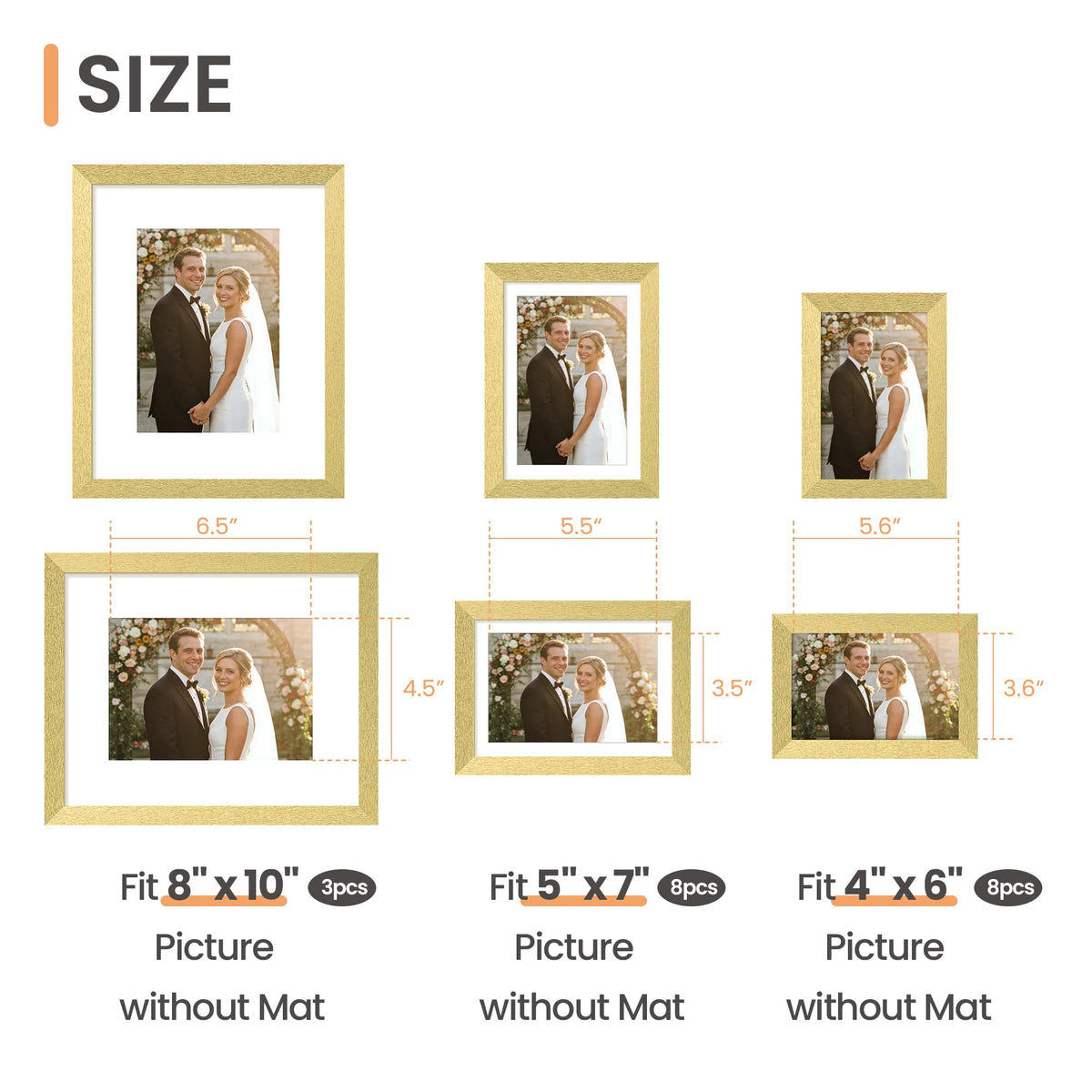 upsimples collage frames 5x7 front view in gold for compact tabletop displays.
