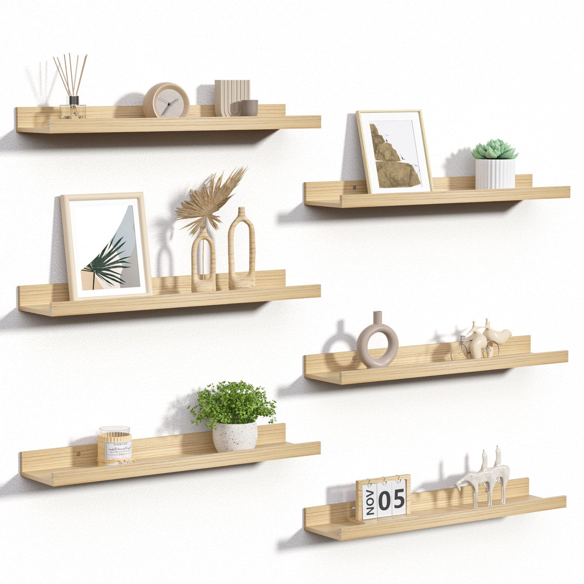 Upsimples six-pack floating shelves mounted on wall for versatile display