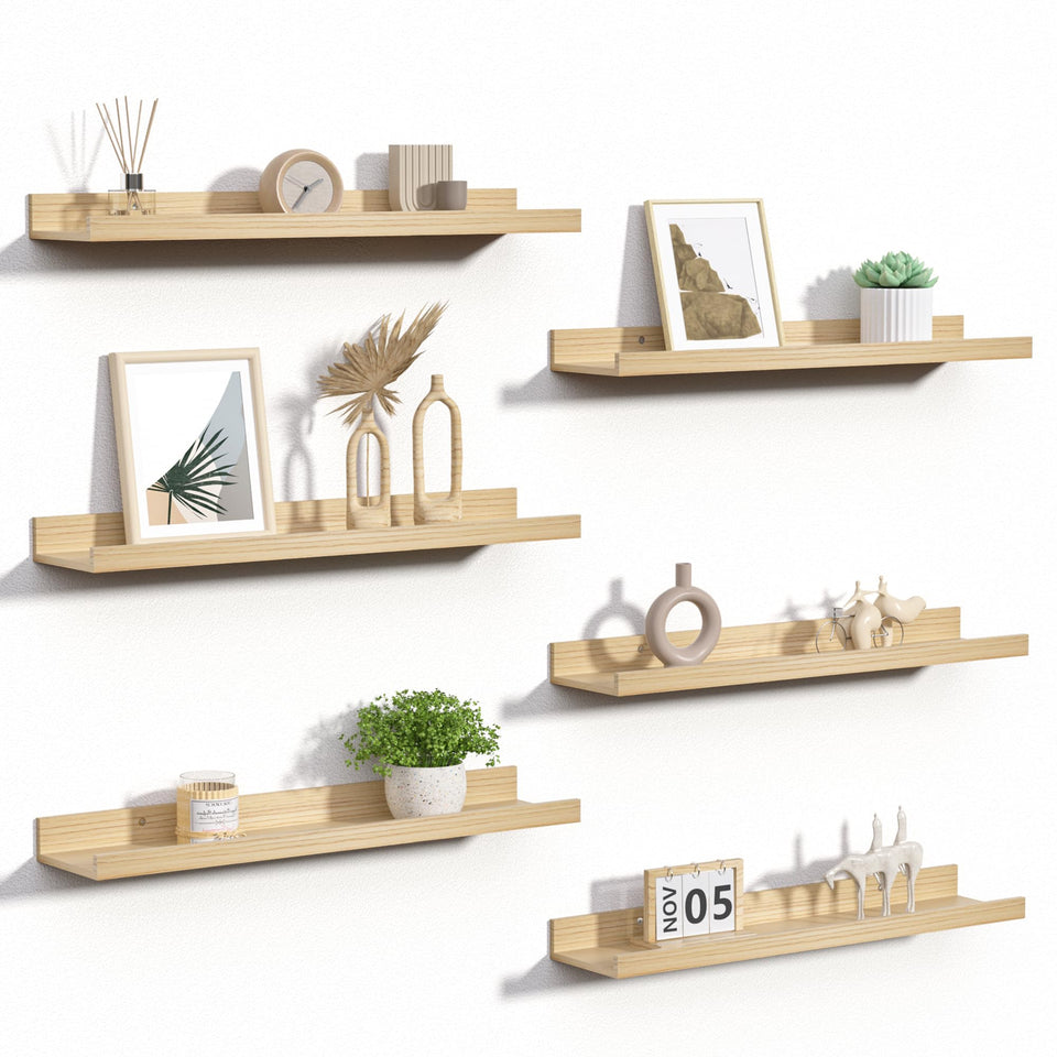 Upsimples six-pack floating shelves mounted on wall for versatile display