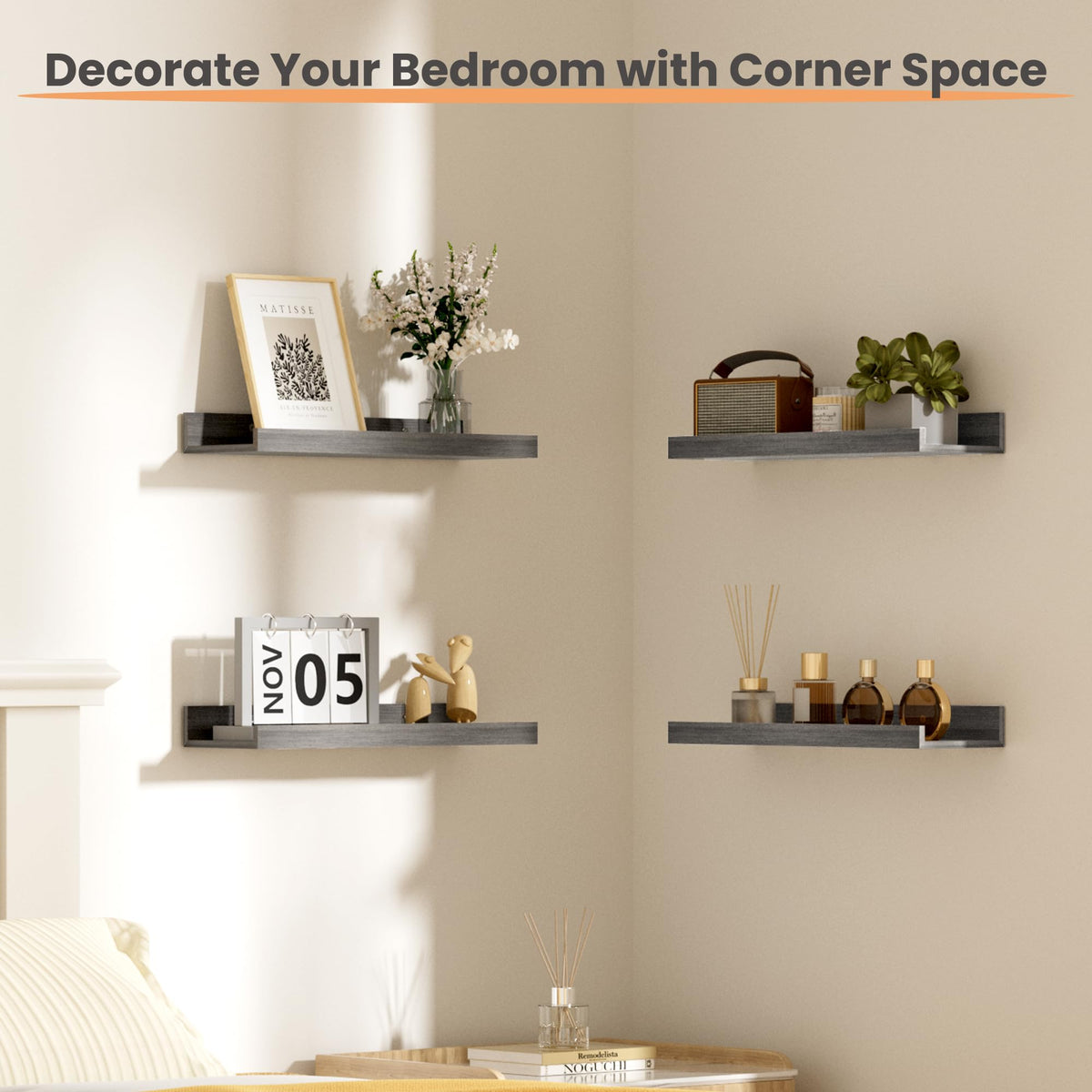Upsimples floating shelves holding bathroom essentials neatly.