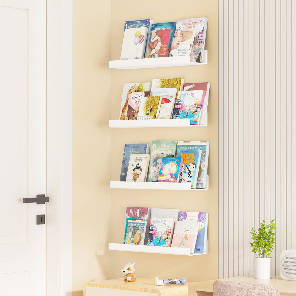 Upsimples white bedroom shelves offer multi-layer storage for books.