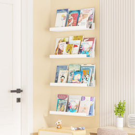 Upsimples white bedroom shelves offer multi-layer storage for books.
