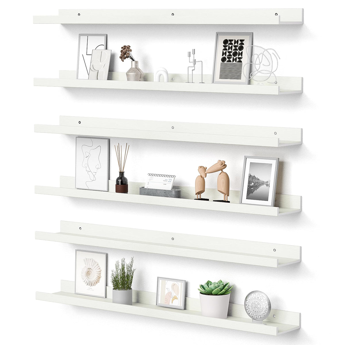 Upsimples 6-pack white floating shelves on wall, space-saving display for organized storage.