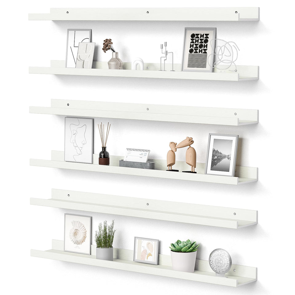 Upsimples 6-pack white floating shelves on wall, space-saving display for organized storage.
