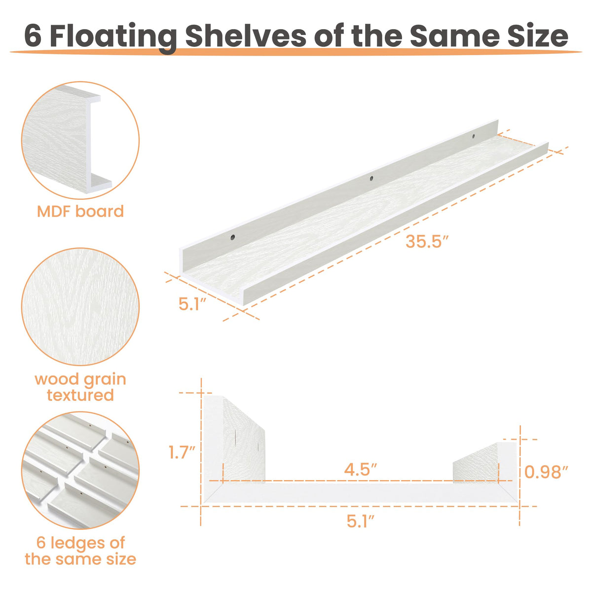 Upsimples 71-inch assembled shelf, continuous display across wall in white.