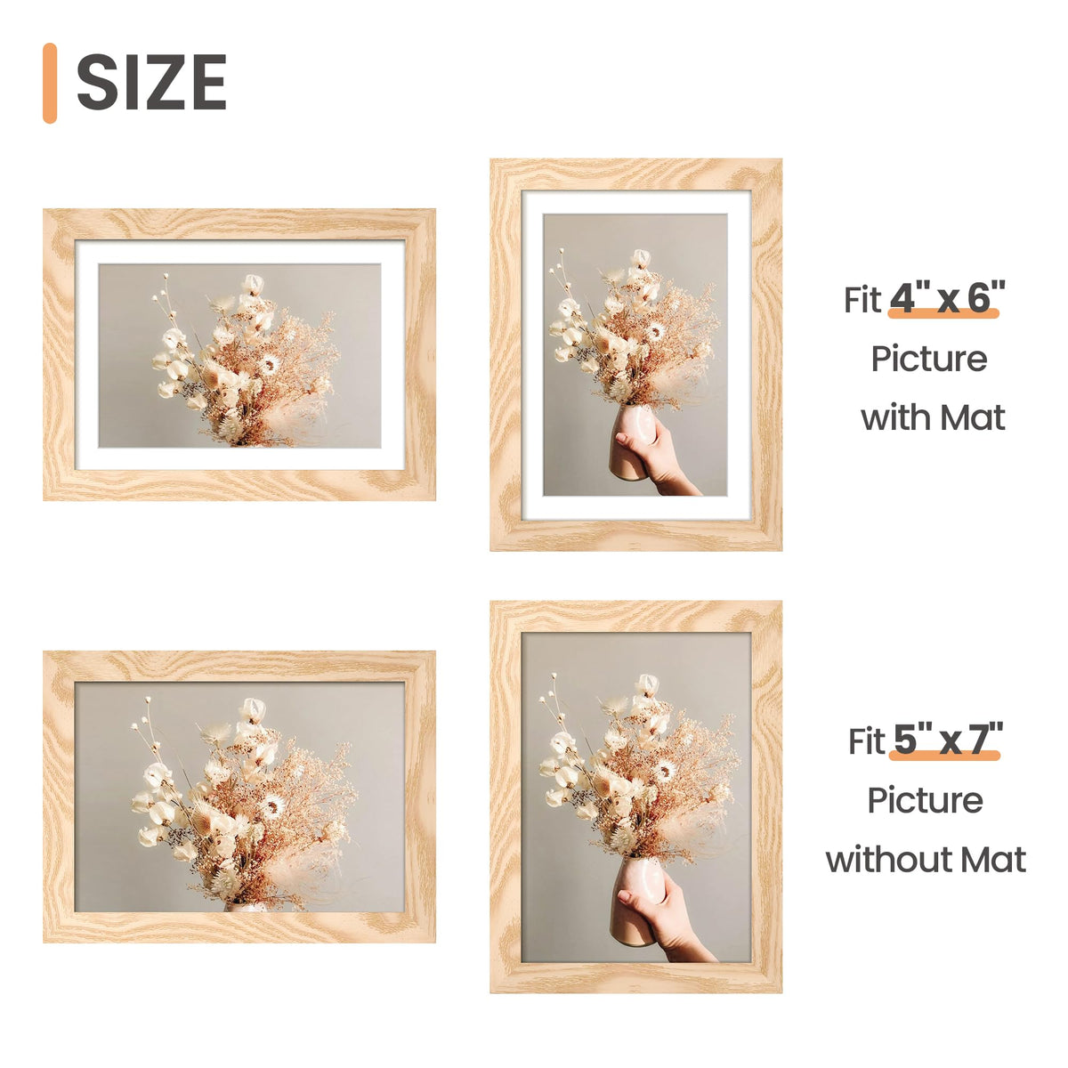 Upsimples frame fits 4x6 with mat or 5x7 without mat for flexible layouts.