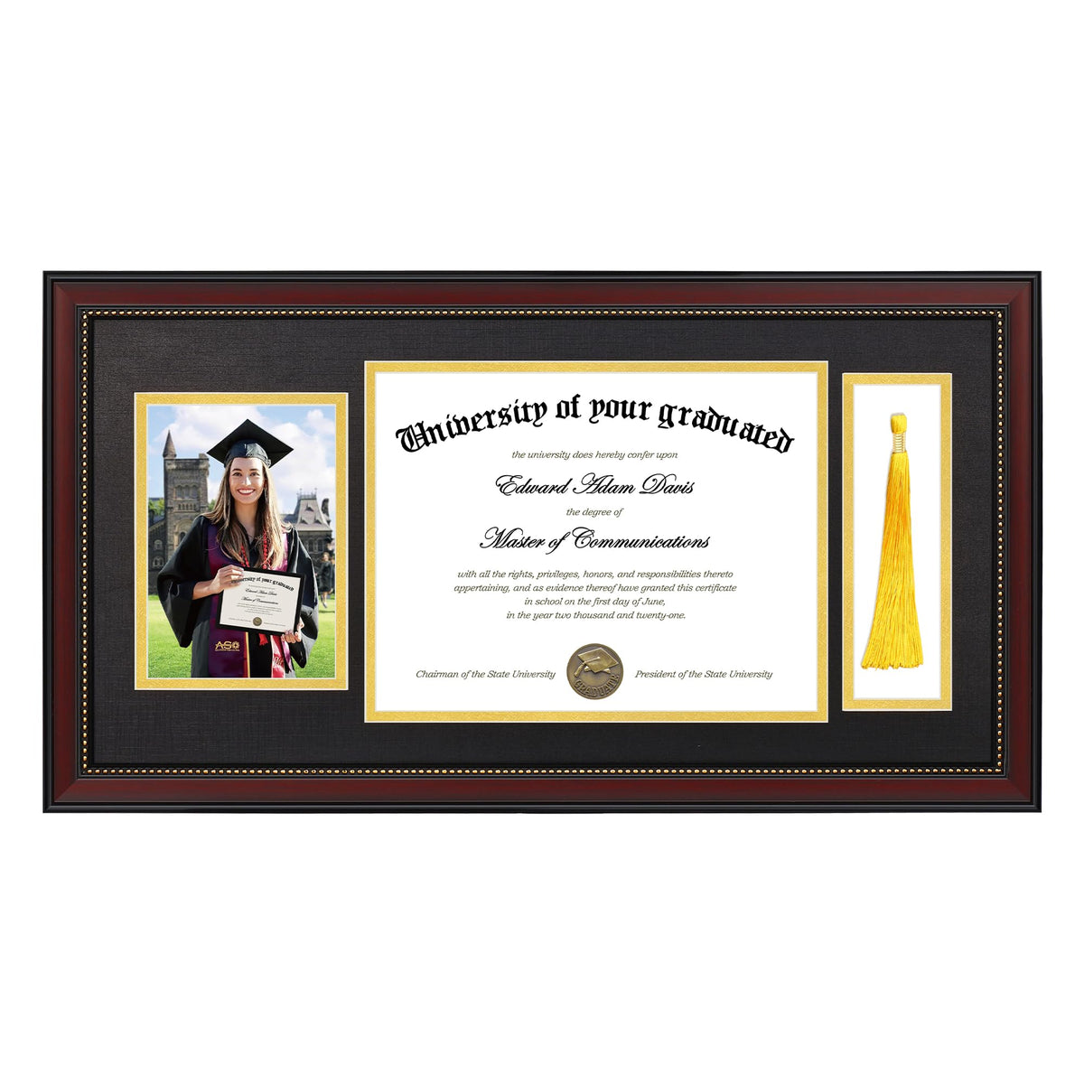 Upsimples diploma frame front view with black over gold mat protects and displays your certificate