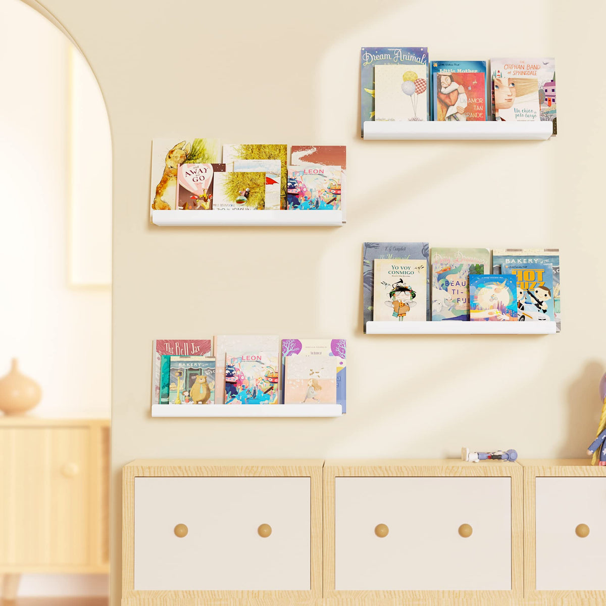 Upsimples installation-ready shelves with screws and anchors.