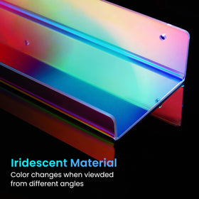 Upsimples iridescent shelf displaying perfume bottles with colorful light play