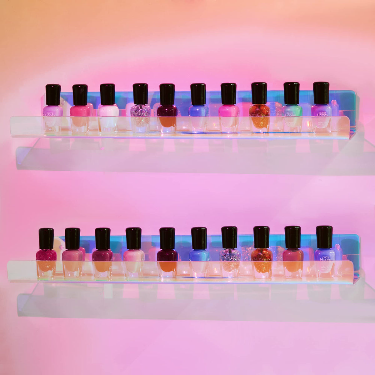 Upsimples iridescent shelf skincare display keeping essentials neatly arranged