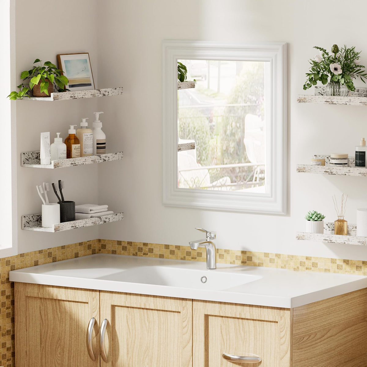 Upsimples kitchen and bathroom display use with sturdy wood shelves